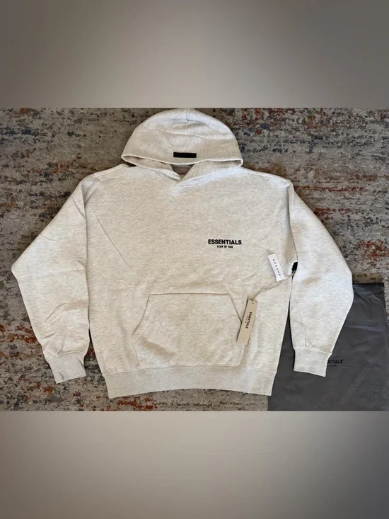 Essentials Men's Heather Oatmeal Hoodie with Minimal Logo - Picture 2 of 5